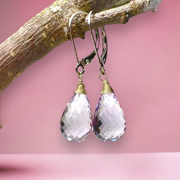 Handcrafted Natural Rose de France Amethyst Earrings 14K White Gold, NEW - Picture 1 of 9